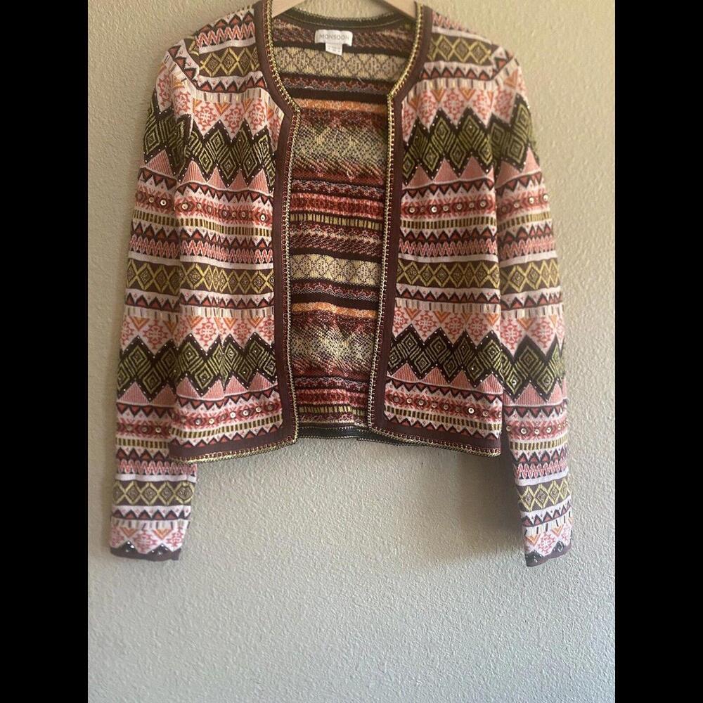 Vintage Rare Monsoon Cardigan Beaded Size Small/ 4‎ Festive Print Knit Wool UK 8